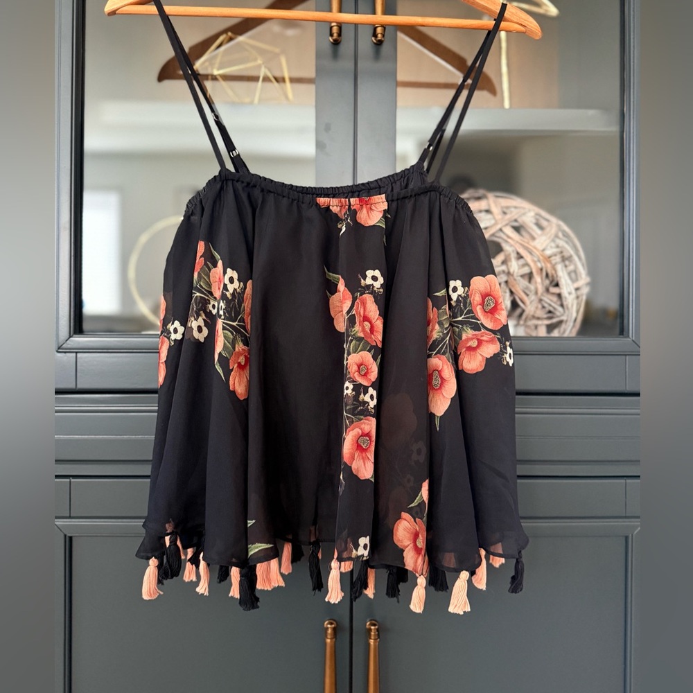 Carolina K Women's Black Floral Tassel Spaghetti Strap Top